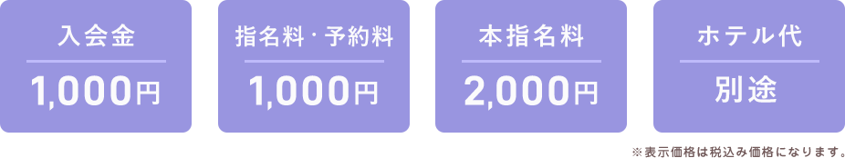 入会金 1,000円 指名料・予約寮 1,000円 本指名料 2,000円 ホテル代 別途